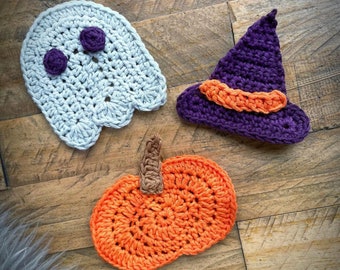 Halloween Applikation Muster: Kürbis, Geist, Hexenhut gehäkelt (PDF-Muster)