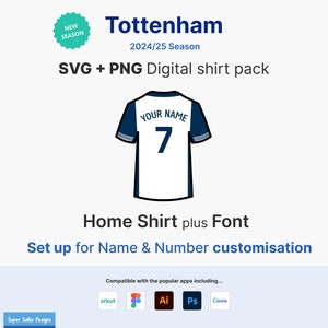 Tottenham Home 2024/25 seizoen SVG- en png-pictogrampakket - digitale download - shirt, letters en cijfers voor volledige aanpassing.