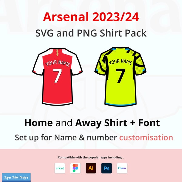 Arsenal Home and Away 23/24 Season SVG and PNG icon pack - Digital download - Shirts, letters and numbers for full customisation.