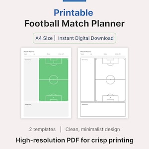 Può includere: Pianificatore di partite di calcio stampabile in formato A4. Sono inclusi due modelli: uno con un campo verde e uno con un campo bianco. Entrambi i modelli hanno spazio per i nomi delle squadre, la data, l'ora di inizio, le note della partita e le note della squadra.