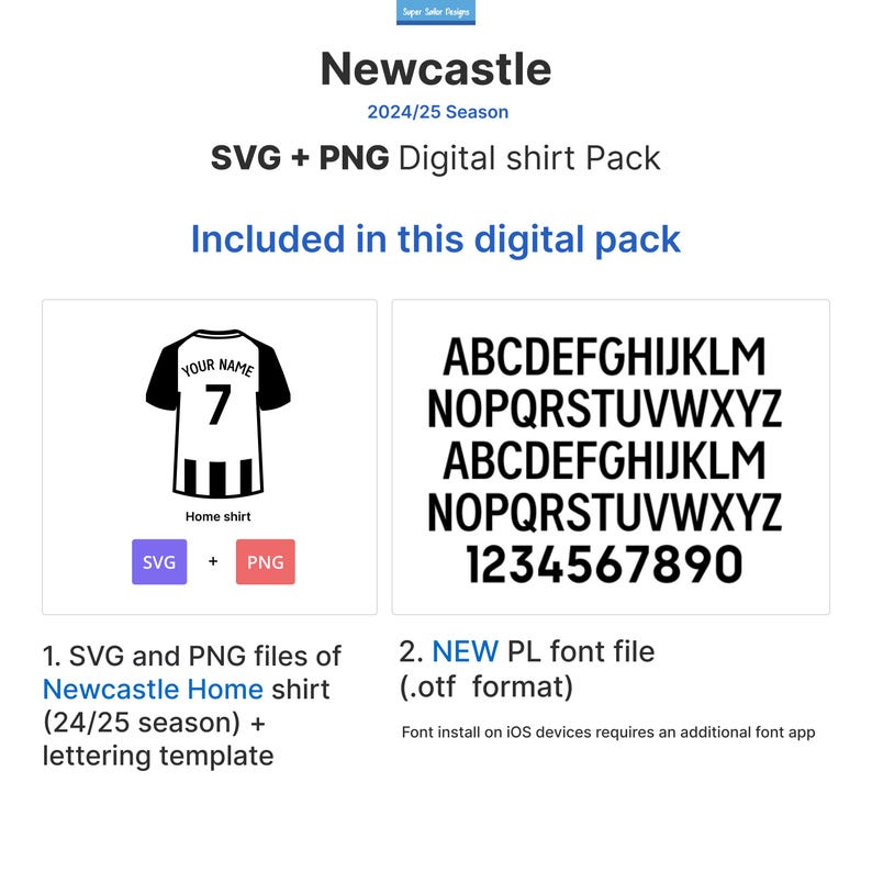 Puede incluir: Un paquete de descarga digital para crear camisetas de f&uacute;tbol del Newcastle Football Club. El paquete incluye archivos SVG y PNG de la camiseta de local, una plantilla de letras y un nuevo archivo de fuente en formato .otf. La fuente incluye letras may&uacute;sculas, letras min&uacute;sculas y n&uacute;meros.