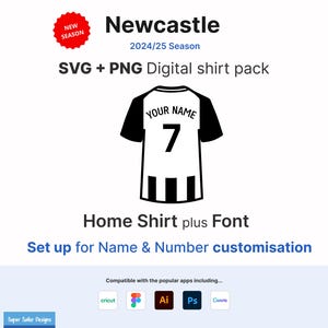 Puede incluir: Descarga digital en blanco y negro de una camiseta de f&uacute;tbol del Newcastle United con el texto "YOUR NAME" y el n&uacute;mero "7" en la espalda. La camiseta es compatible con Cricut, Adobe Illustrator, Photoshop y Canva.