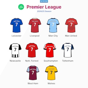 May include: A graphic featuring Premier League jerseys for the 2024/25 season. Each jersey is a different color, with the number 7 and the text "YOUR NAME" displayed. Teams include Leicester, Liverpool, Man City, Man United, Newcastle, Nott. Forrest, Southampton, Tottenham, West Ham, and Wolves.