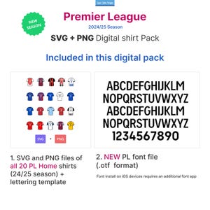 May include: Digital shirt pack for the Premier League 2024/25 season. Includes SVG and PNG files of 20 home shirts and a lettering template. Also includes a new PL font file. The image features a variety of team shirt designs.