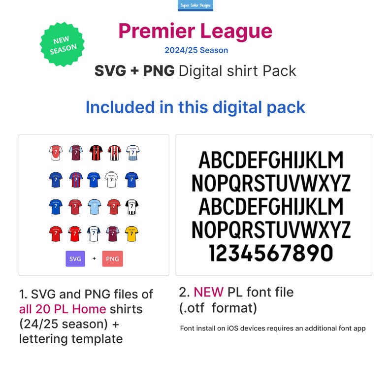 May include: Digital shirt pack for the Premier League 2024/25 season. Includes SVG and PNG files of 20 home shirts and a lettering template. Also includes a new PL font file. The image features a variety of team shirt designs.