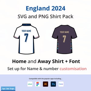Pack d'icônes SVG pour le maillot Euro 2024 domicile et extérieur de l'Angleterre - Téléchargement numérique - T-shirts, lettres et chiffres pour une personnalisation complète.