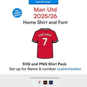 Manchester United Home 2025/26 Season SVG and PNG icon pack - Digital download - Shirt, letters and numbers for full customisation.