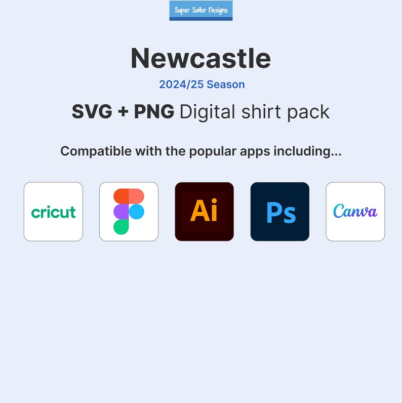 Puede incluir: Un paquete de camisetas digitales para Newcastle, el club de f&uacute;tbol, para la temporada 2024/25. El paquete incluye archivos SVG y PNG, compatibles con Cricut, Adobe Illustrator, Photoshop y Canva.