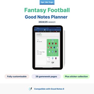 May include: A digital planner for fantasy football, compatible with Good Notes 6. The planner features a green football field with players in red and blue jerseys, and a section for notes. The planner is fully customizable and includes 38 gameweek pages and a sticker collection.