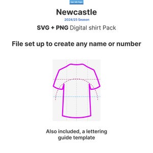 Puede incluir: Una plantilla de dise&ntilde;o de camiseta digital para Newcastle, temporada 2024/25. La plantilla incluye un contorno rosa de una camiseta con una cuadr&iacute;cula para letras y una plantilla de gu&iacute;a para agregar nombres o n&uacute;meros.