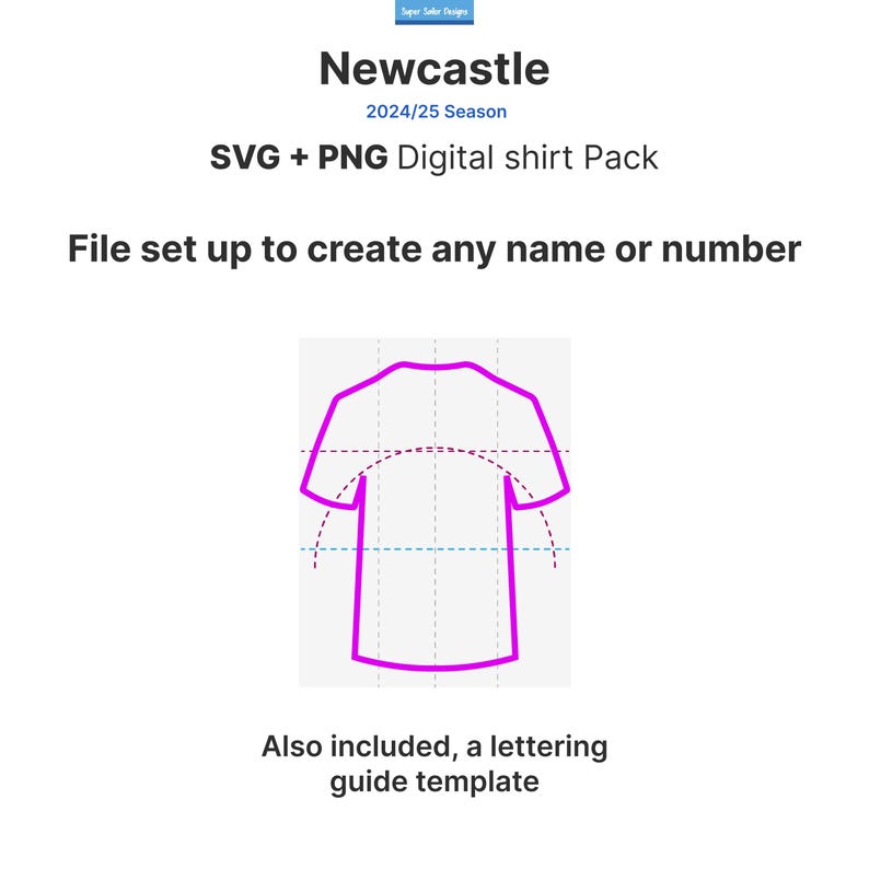 Puede incluir: Una plantilla de dise&ntilde;o de camiseta digital para Newcastle, temporada 2024/25. La plantilla incluye un contorno rosa de una camiseta con una cuadr&iacute;cula para letras y una plantilla de gu&iacute;a para agregar nombres o n&uacute;meros.
