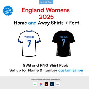 Pack d'icônes SVG pour femmes Angleterre domicile et extérieur 2025 - Téléchargement numérique - T-shirts, lettres et chiffres pour une personnalisation complète.