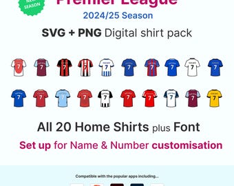 Paquete de 20 íconos SVG de la temporada 24/25 de la Premier League: descarga digital: todas las camisetas locales, letras y números para una personalización completa.