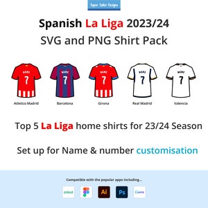 Paquete de iconos SVG de la temporada 23/24 de La Liga española Top 5 - Descarga digital - Las 5 mejores camisetas, letras y números del club local para una personalización completa.