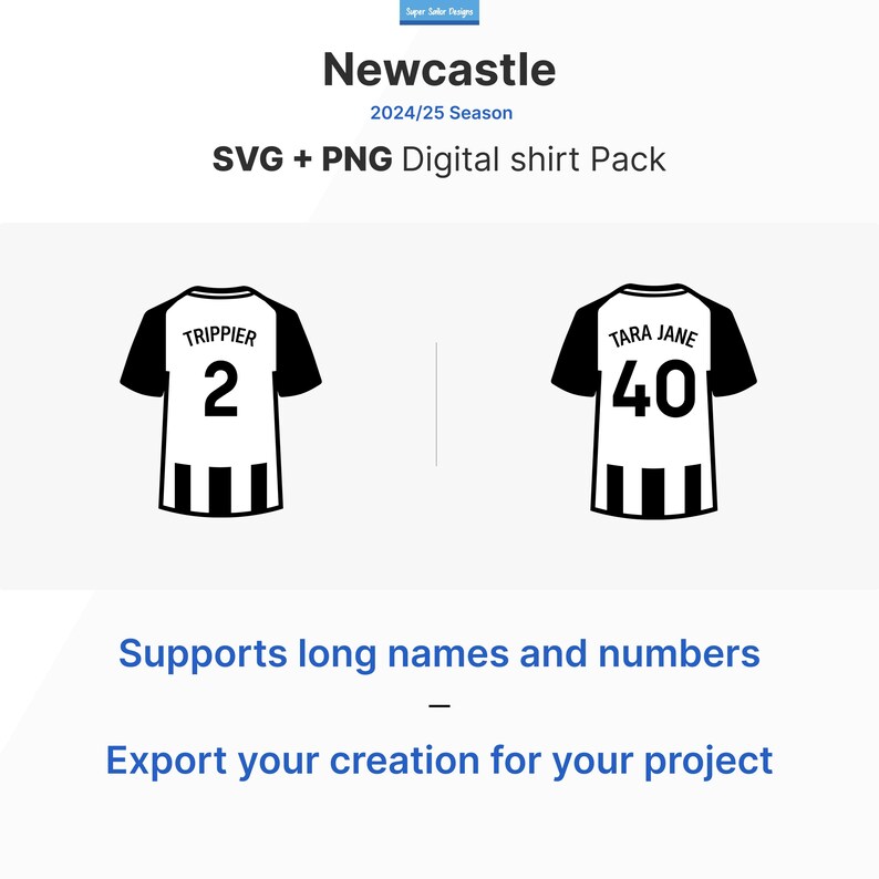 Puede incluir: Dos camisetas de f&uacute;tbol blanco y negro con nombres y n&uacute;meros en la espalda. La camiseta de la izquierda tiene el nombre "TRIPPIER" y el n&uacute;mero "2". La camiseta de la derecha tiene el nombre "TARA JANE" y el n&uacute;mero "40".
