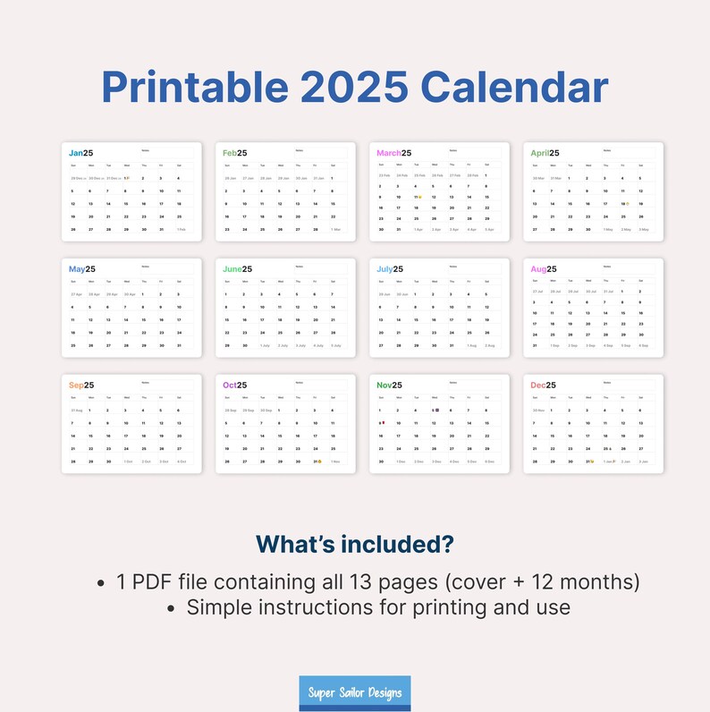 Printable A4 Calendar for 2025 - Instant Digital Download - Etsy Canada
