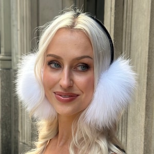 White Real Fox Fur Earmuffs for Women, Big Natural Fox Earwarmer, Handmade Winter Accessories, Large Fluffy Winter Hat, Best Christmas Gift!