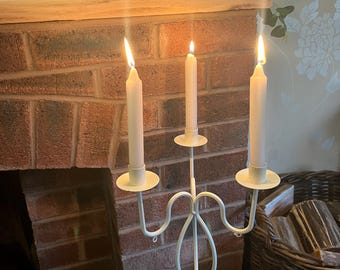Vintage Style Cream White Metal 3 Arm Candelabra Candlestick Holder, Painted Decorative Candle Stand