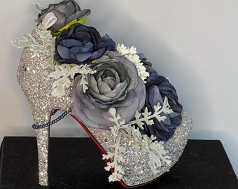 Silver High Heel Floral Arrangement: Blue Roses Stiletto Centerpiece