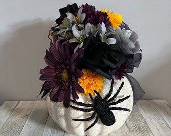Creepy Halloween Floral Pumpkin Decoration, Spider Accent
