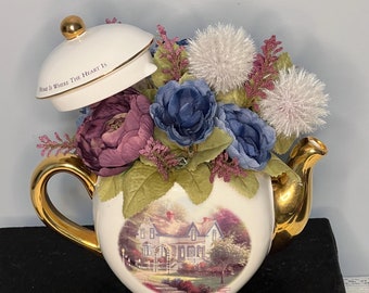 Thomas Kinkade Teapot Floral Arrangement: &quot;Home Is Where The Heart Is&quot; Decor