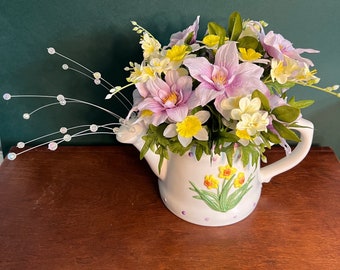 Watering Can Floral Arrangement, Spring Watering Can Arrangement, Purple and Yellow Spring Flower Arrangement, Watering Pitcher Floral