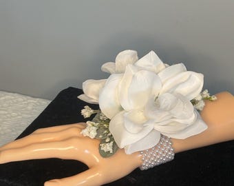 White Rose Wrist Corsage: Pearl Bracelet, Wedding, Prom Flowers