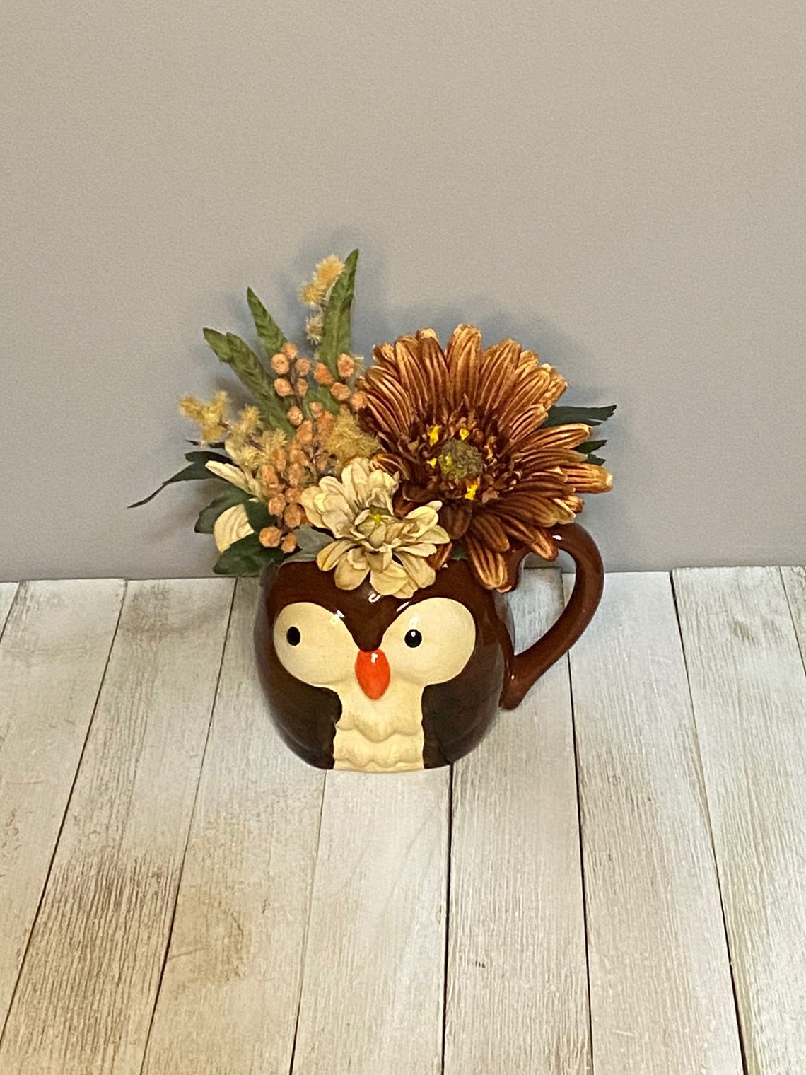 Owl Fall Floral Arrangement Fall Flowers Mug Arrangement Etsy