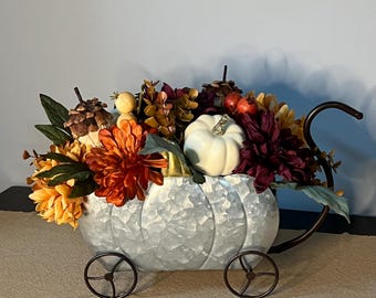 Metal Pumpkin Wagon Floral Centerpiece: Thanksgiving Decoration, Fall Table Decor