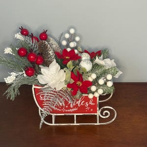Christmas Floral Sled Decoration: Red Poinsettias & Winter Greens