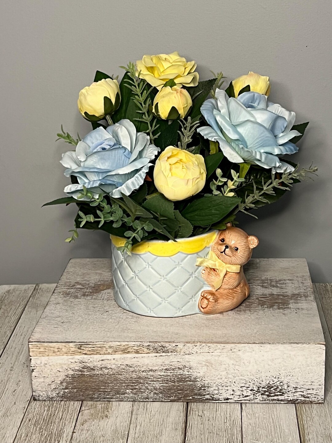 Blue & Yellow Baby Floral Arrangement With Teddy Bear - Etsy