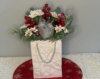 Christmas Floral Arrangement, Ceramic Gift Bag, Berries & Eucalyptus for Holiday Decor