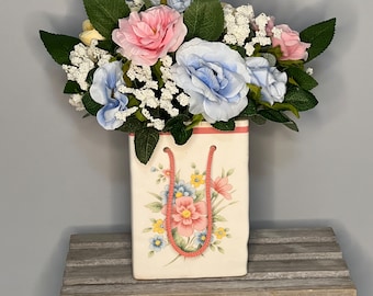Ceramic Rose Arrangement in Gift Bag Vase: Pink and Blue Floral Home Decor, Mother's Day