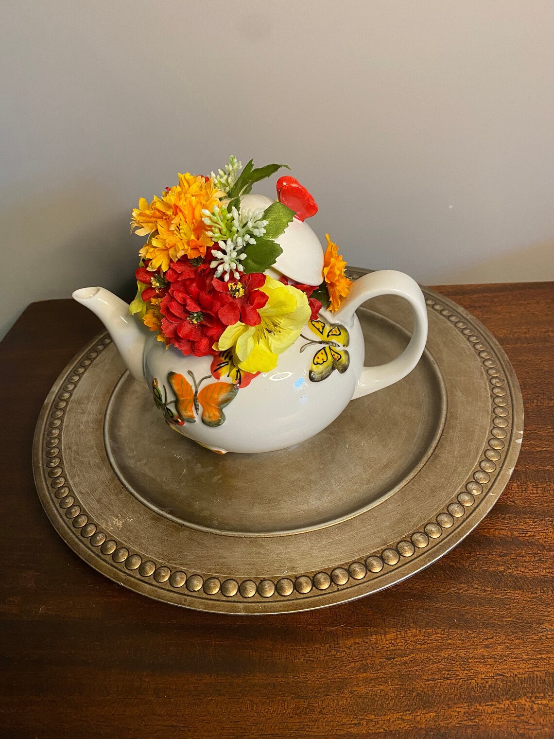 Teapot Floral Flower Arrangement with butterflies and vivid Etsy