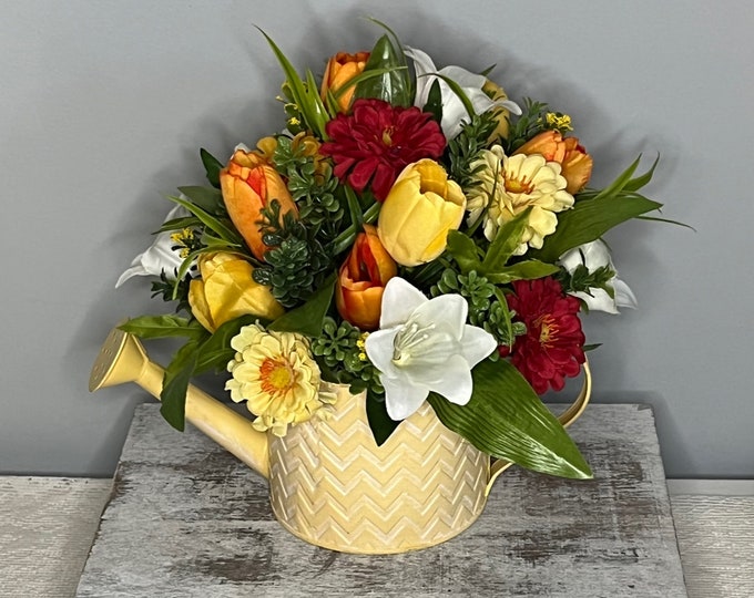 Watering Can Floral Arrangement Yellow Watering Can Flower Etsy