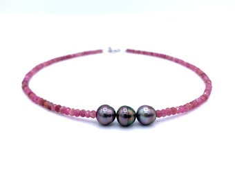 Pink Tourmaline Necklace with 3 Tahitian Cultured Pearls