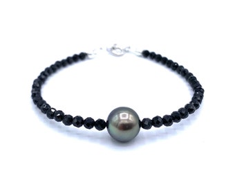 Black Spinel Bracelet with a Tahitian Cultured Pearl