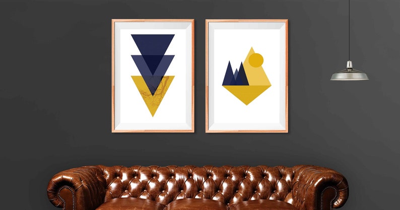 Set of 2 Navy & Mustard Geometric Wall Art Printable Etsy