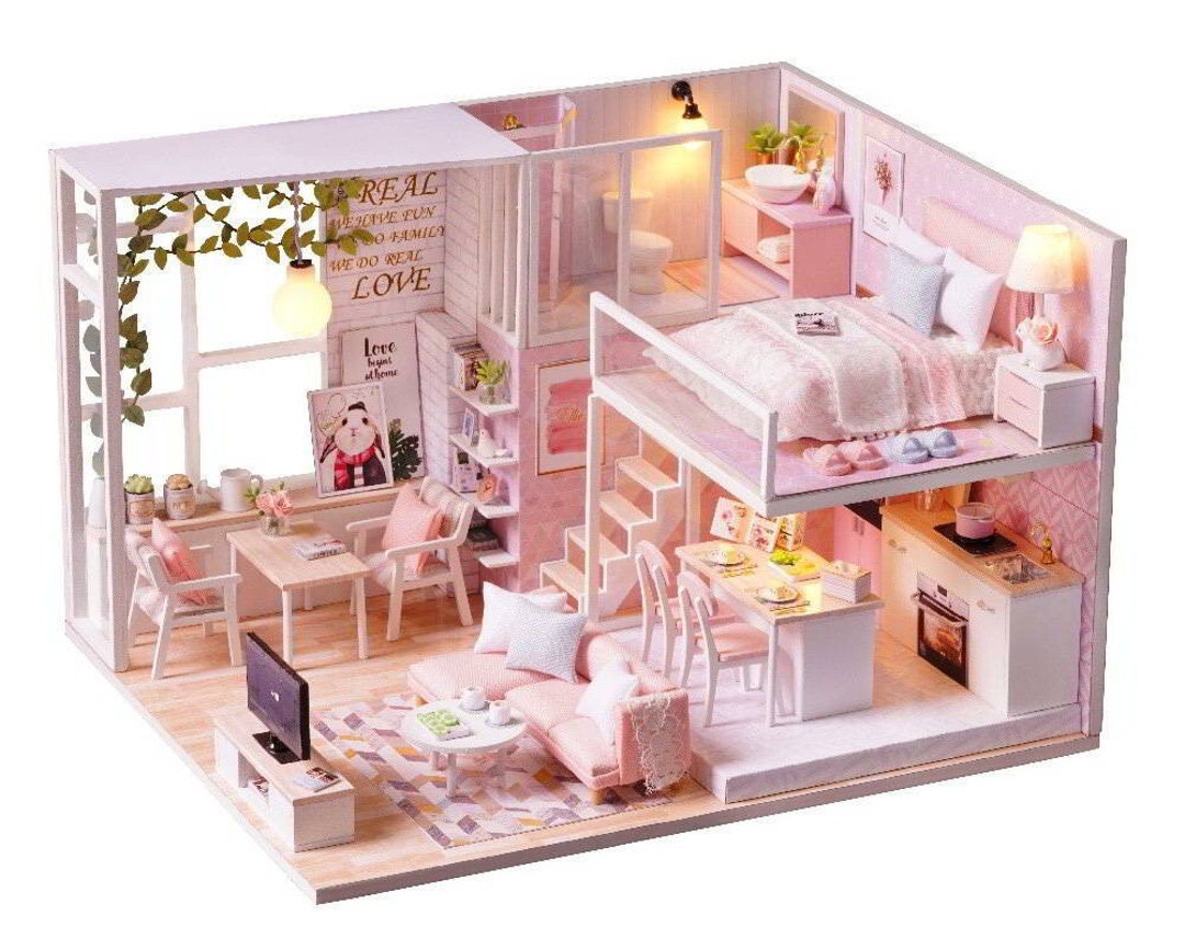 DIY 3D Wooden Model Dollhouse Modern Pink Loft With Furniture - Etsy