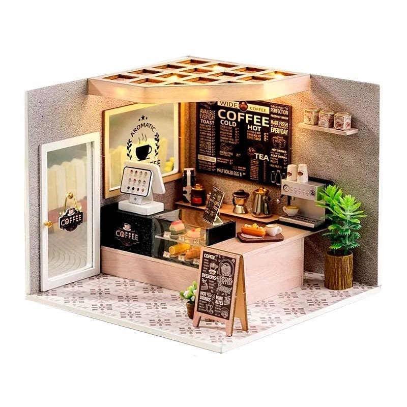 1x Mini Dollhouse Kit Tea Coffee Shop Store Room Box Miniature DIY Handmade  Gift