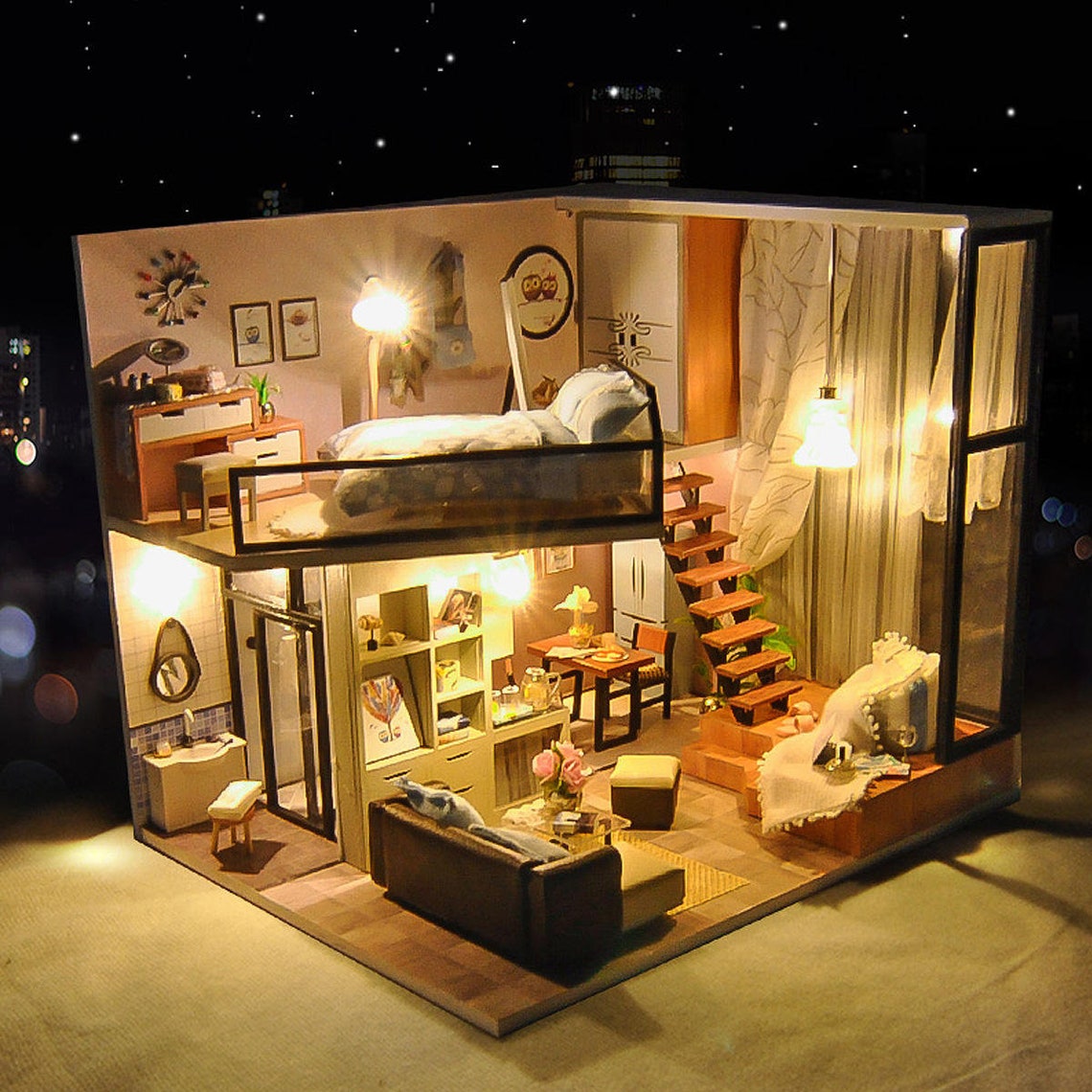 DIY Modern Wooden Dollhouse Loft Kit Furniture Light Etsy