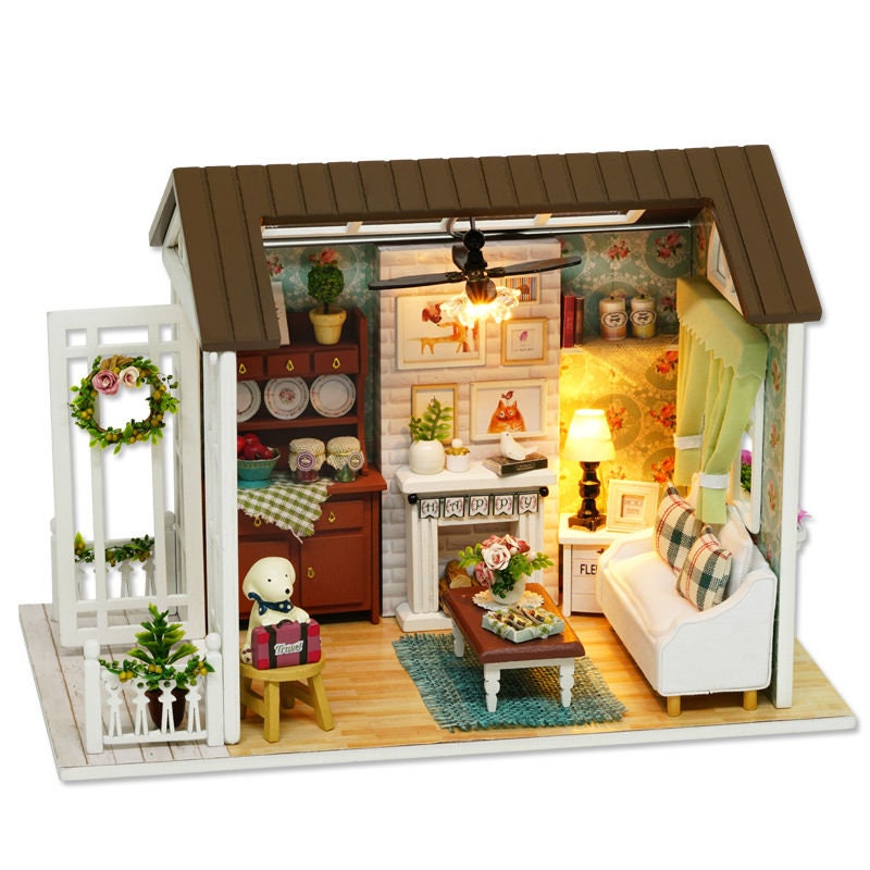 Fdit DIY Handmade Dollhouse Box Natural Theme Mini Doll House With LED Light Forest