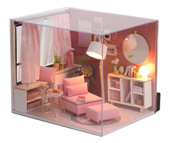 DIY LED Mini Puppenhaus aus Holz Miniatur Puppenstube in Bilderrahmen mit Möbel 