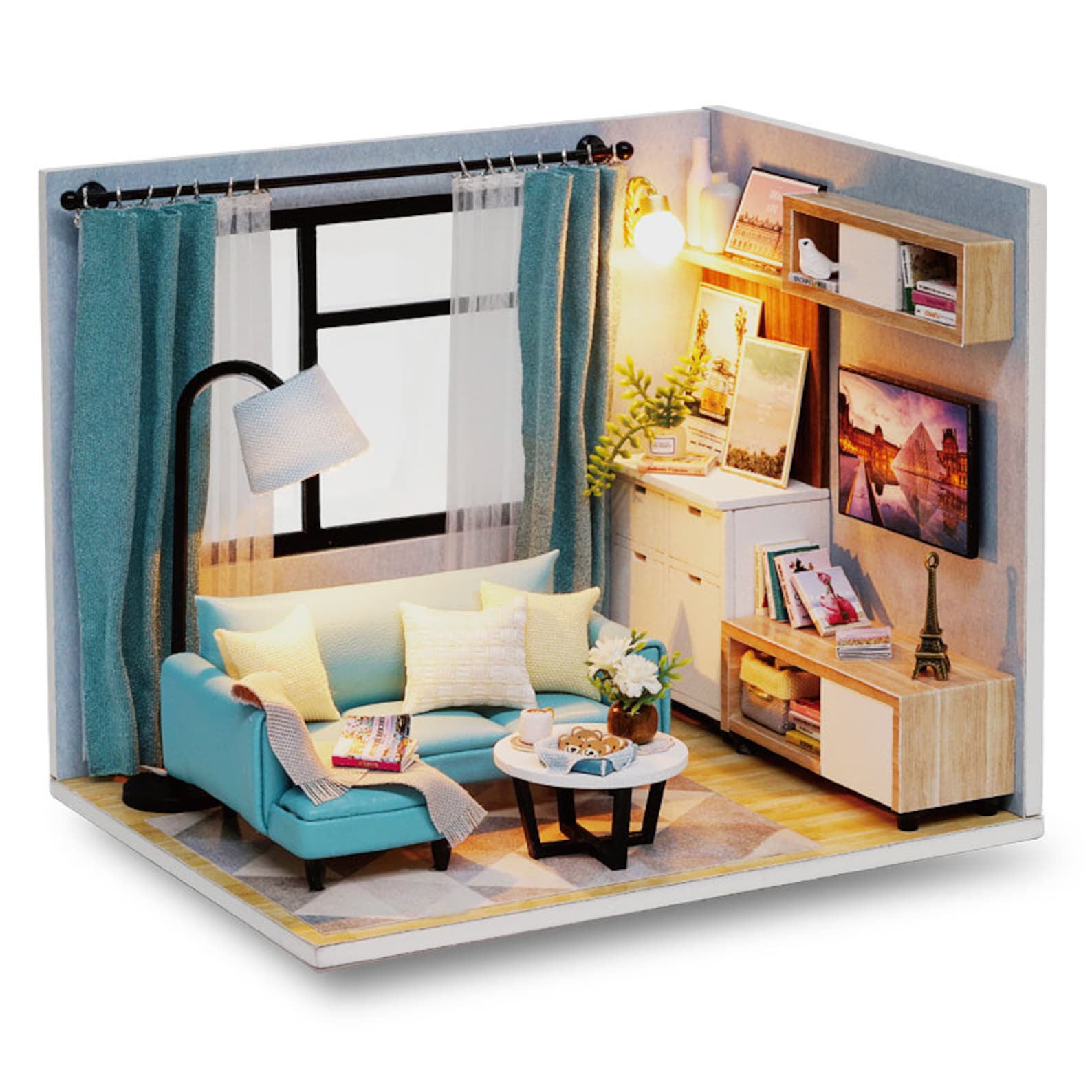 3D Room Box Model Scene Blue Living Room Diorama DIY Wooden Etsy