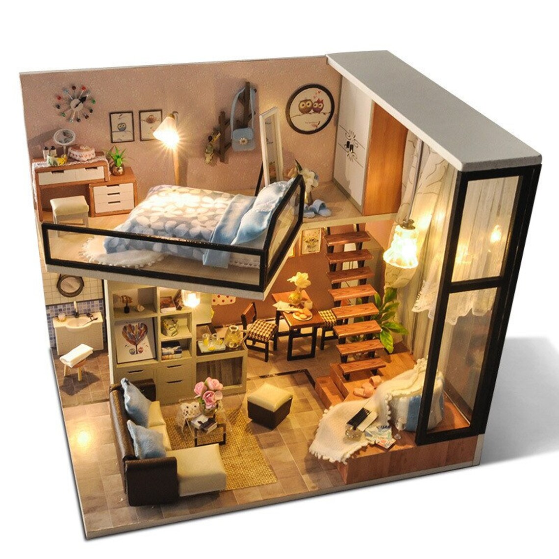 DIY Modern Wooden Dollhouse Loft Kit Furniture Light Etsy UK