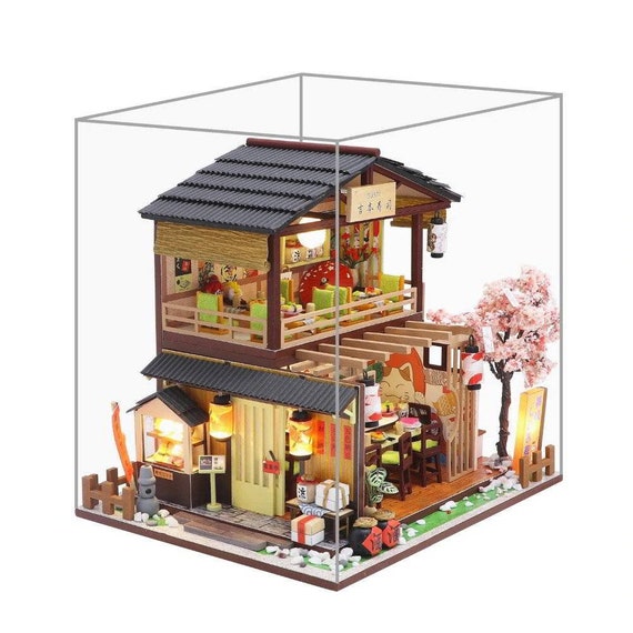 Puppenhaus Miniaturmöbel Kit mit LED-Licht Holz Sushi Shop House DIY Kinder 