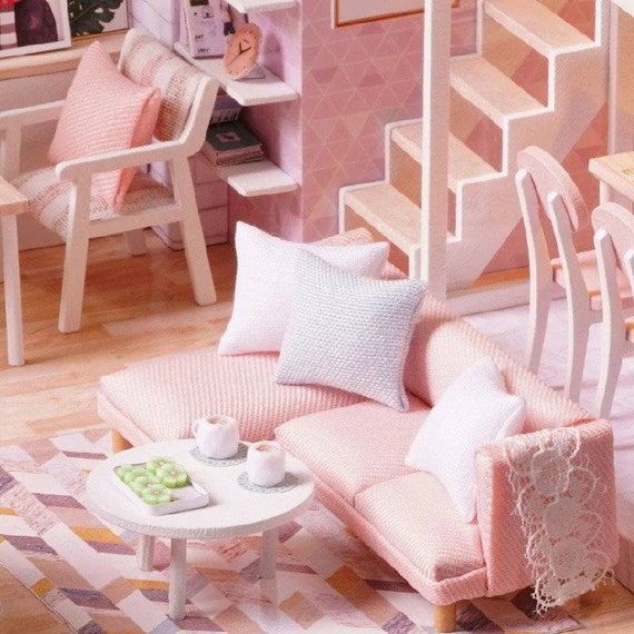 DIY Miniature Loft Dollhouse Kit 3D Pink Wooden House Room Model Girl Toy Gift 