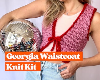 BREIEN KIT - Georgia gilet | Grof gebreid gilet met V-hals en strik aan de voorkant | DIY-breipakket voor gemiddeld niveau