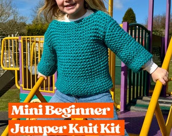 Mini Beginner Jumper Knit Kit, super easy Childs sweater knitting kit, knit your own kids jumper, designed for beginner knitters