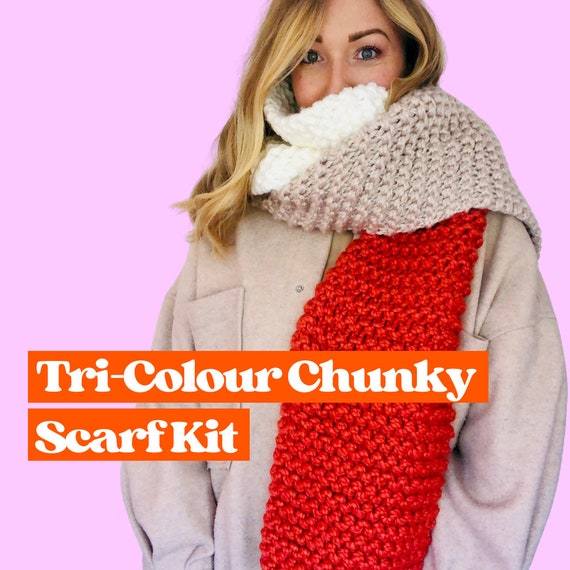 Tri-colour Chunky Knit Scarf, Beginner Friendly Knitting Kit, Make